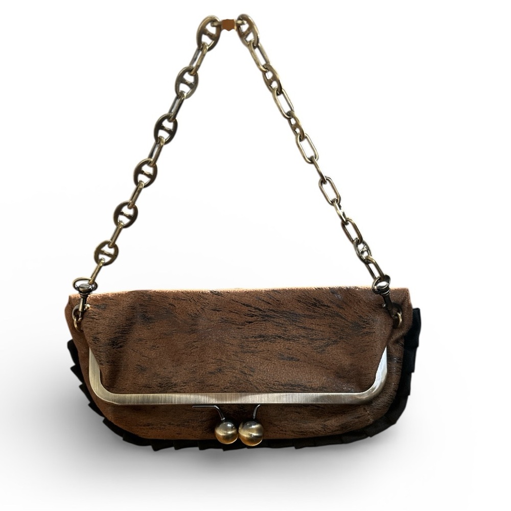 VTG Y2K Faux Suede Rampage Brown and Black Chain Kiss-lock Fold Over Clutch